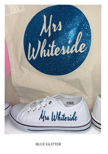Personalised bridal party wedding shoes, trainers, pumps - 21 colours - matching bag and laces available