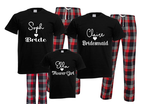 Personalised wedding your name and bridal party role - hear print  matching pjs pyjamas red navy tartan plaid short sleeves long bottoms
