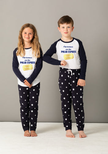 Personalised family matching Christmas xmas pjs pyjamas festive - Polar Express design - navy stars, long sleeves, your name
