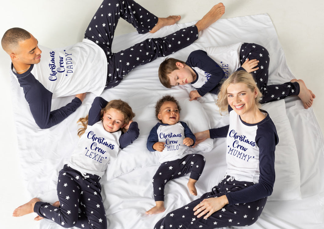 Personalised family matching Christmas xmas pjs pyjamas festive - Christmas Crew design - navy stars, long sleeves, your name