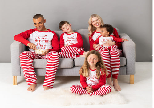 Personalised family matching xmas pjs pyjamas festive - Christmas with the your surname design - red stripes, long sleeves, your name
