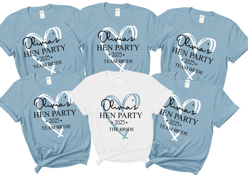 Personalised custom hen party tops t-shirts bachelorette bridal party shirts bride tribe bride squad team bride - light blue - heart print