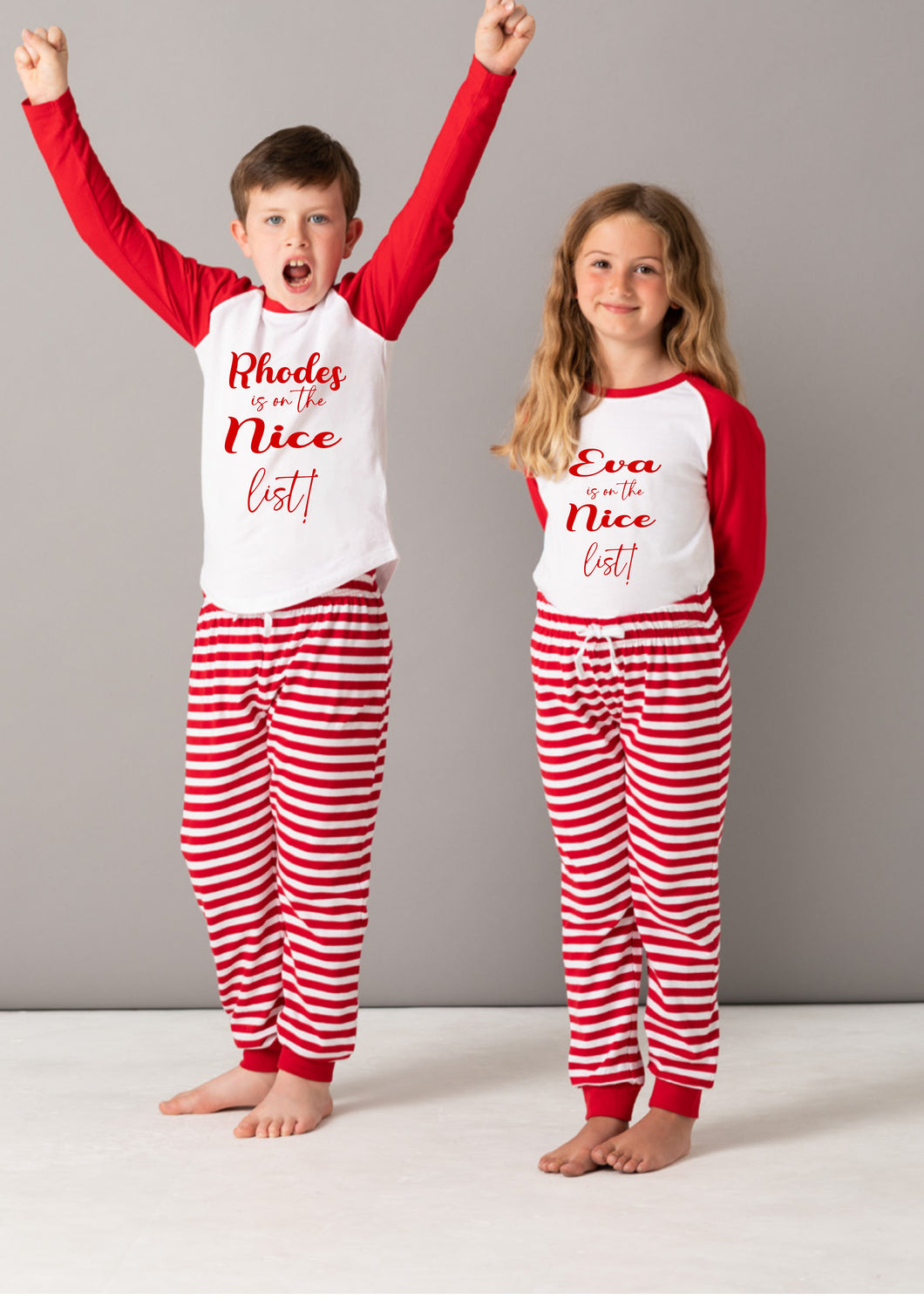 Personalised family matching Christmas xmas pjs pyjamas festive - nice list design - red stripes, long sleeves, your name