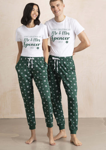 Personalised 1st first Christmas xmas as Mr & Mrs matching twinning couples pjs pyjamas wedding married set your name - green snowflakes