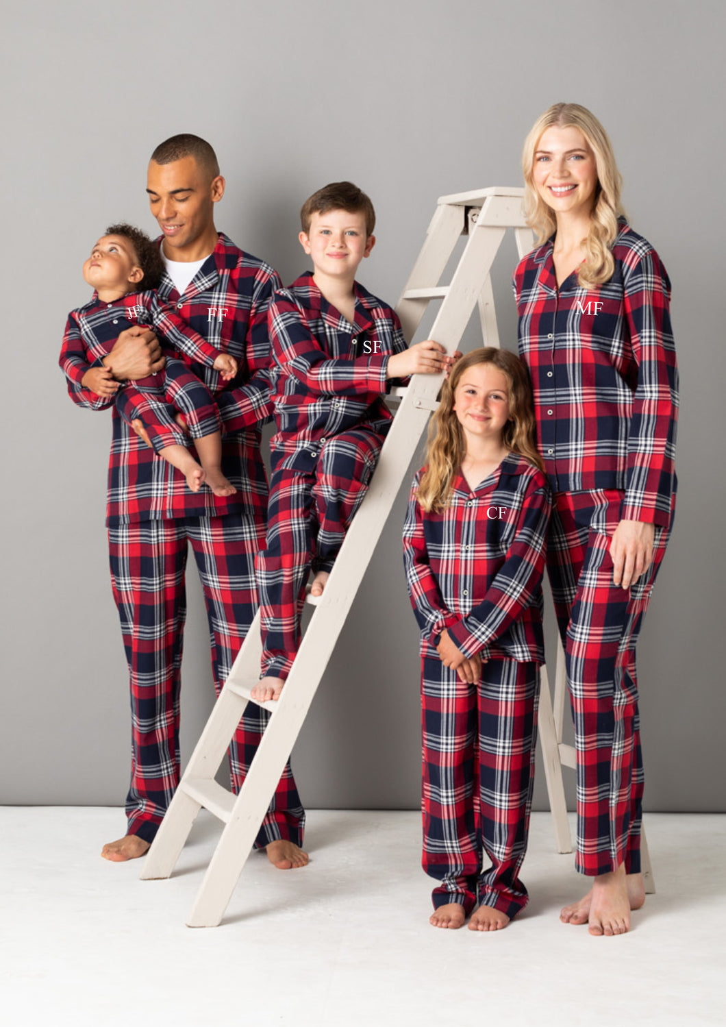 Personalised family matching Christmas xmas pjs pyjamas festive - tartan plaid initials - long sleeves, your name