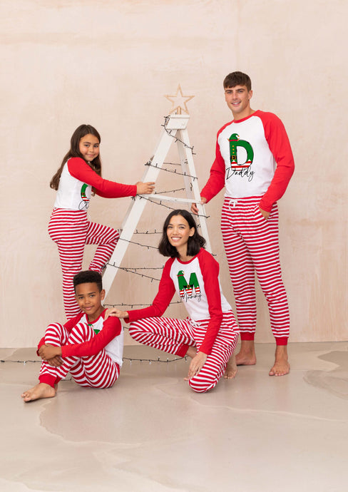 Personalised family matching Christmas xmas pjs pyjamas festive - Elf initial design - red stripes, long sleeves, your name