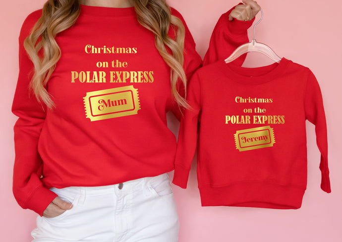 Personalised family matching xmas sweaters sweatshirts jumpers festive - Polar express ticket design - red