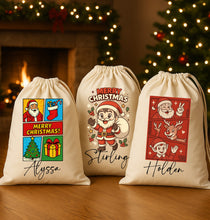 Load image into Gallery viewer, Personalised Santa Sack Christmas Gift Bag for Custom Name comic book style