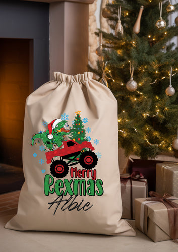 Personalised Christmas Santa Sack -  Dinosaur Monster Truck - Merry Rexmas your name