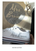 Load image into Gallery viewer, Personalised bridal party wedding shoes, trainers, pumps - 21 colours - matching bag and laces available