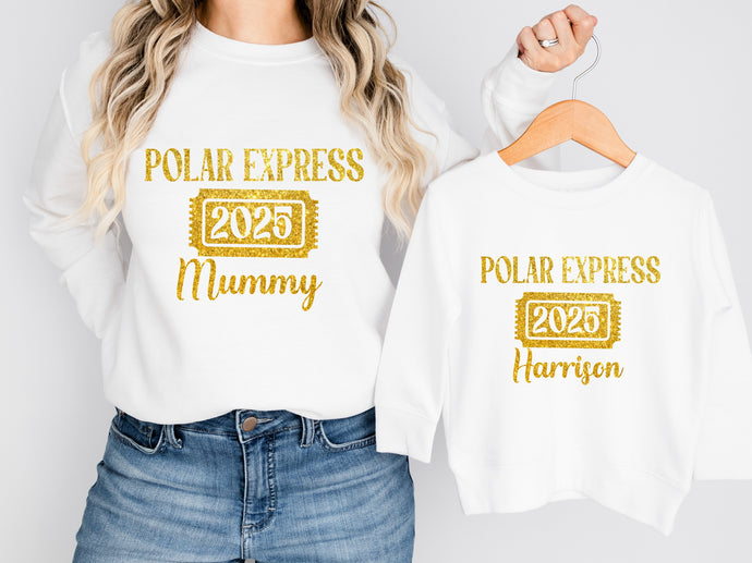 Personalised family matching xmas sweaters sweatshirts jumpers festive - GLITTER Polar express ticket design - white