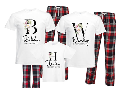 Personalised wedding your name and bridal party role - floral initials  matching pjs pyjamas red navy tartan plaid short sleeves long bottoms