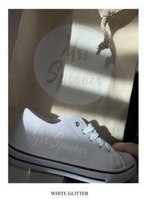 Personalised bridal party wedding shoes, trainers, pumps - 21 colours - matching bag and laces available