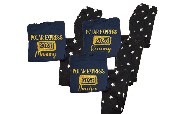 Personalised GLITTER Polar Express ticket family matching xmas pjs pyjamas festive - navy stars