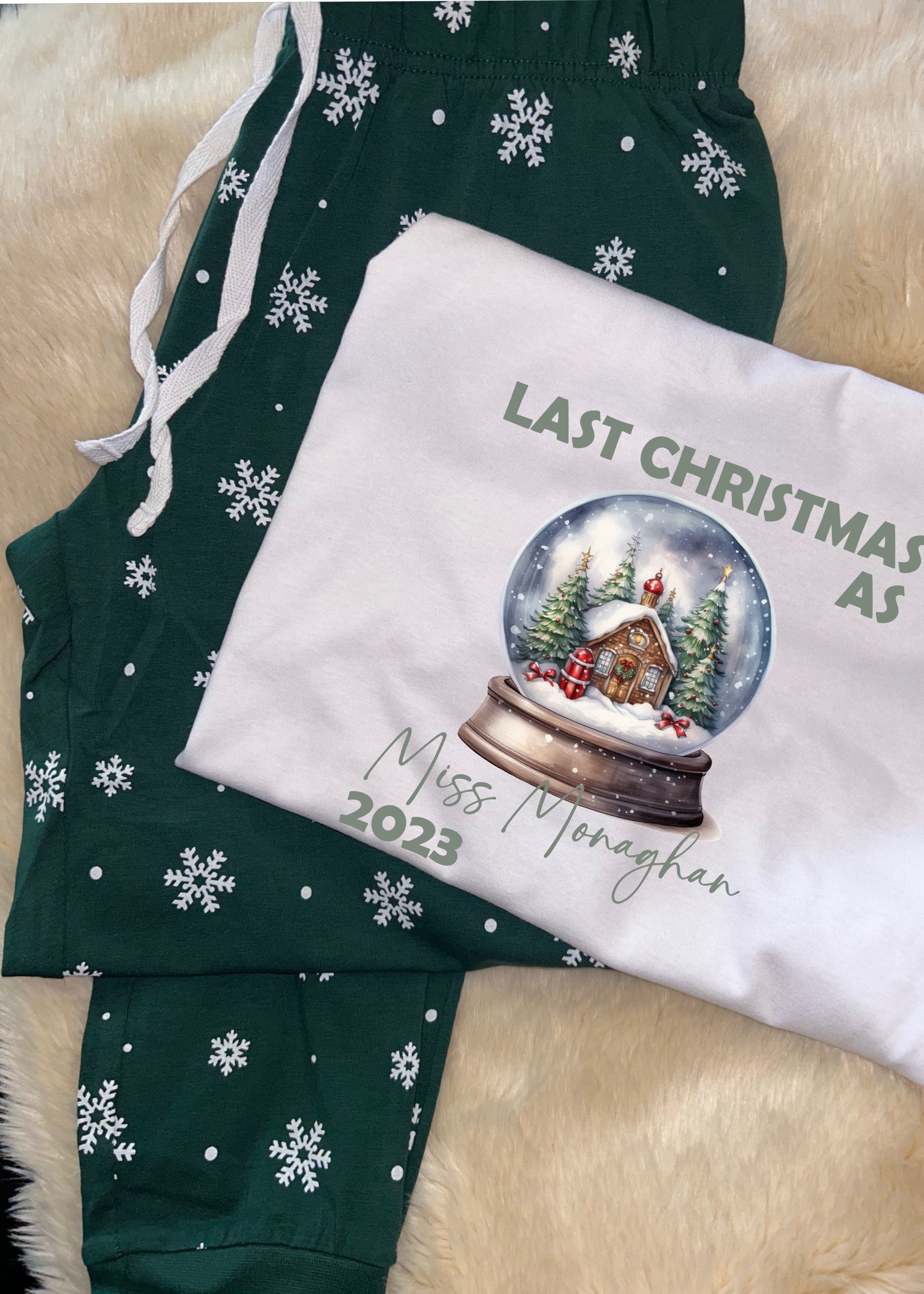 Personalised last Christmas as a Miss your name and year print xmas pjs pyjamas your surname green snow globe design snowflake bottoms