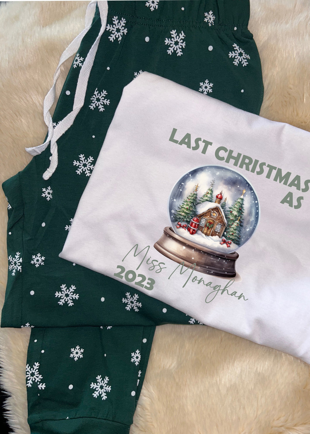 Personalised last Christmas as a Miss (your name and year) print xmas pjs pyjamas your surname - green snow globe design, snowflake bottoms