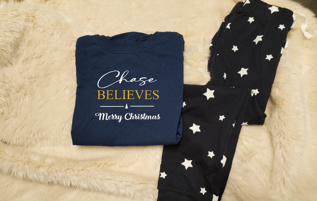Personalised family matching xmas pjs pyjamas festive - your name believes GLITTER design - NAVY STARS, short sleeves, your name