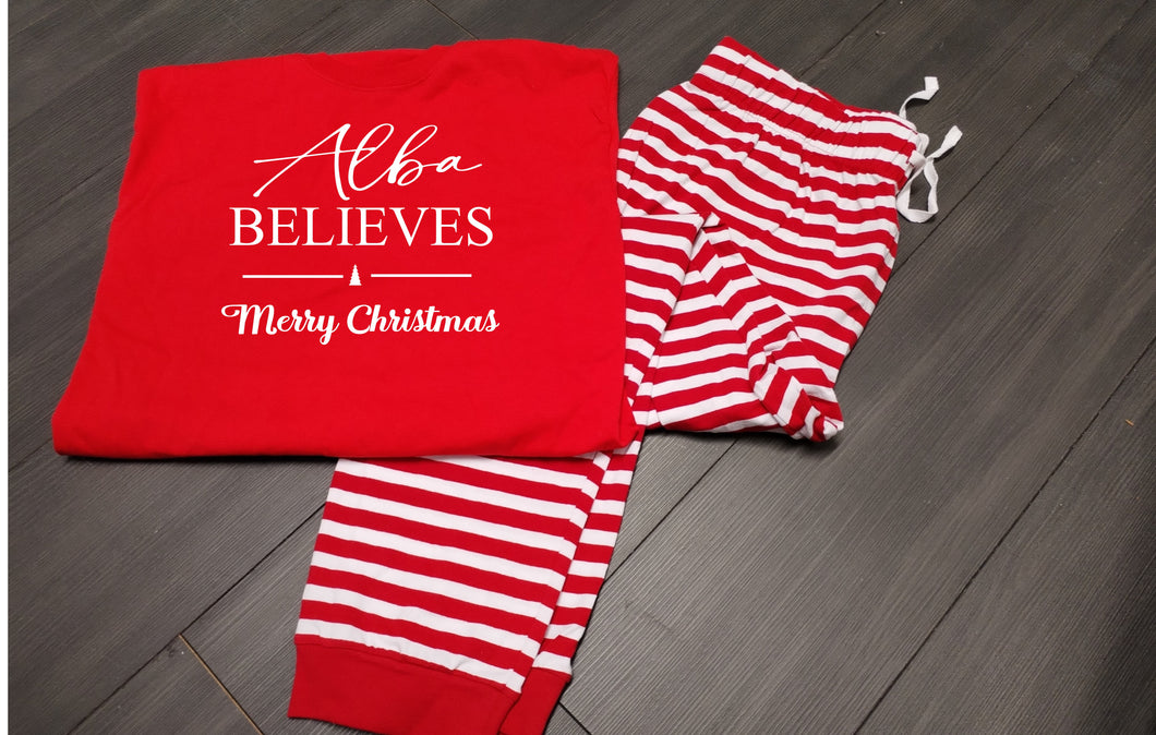 Personalised family matching xmas pjs pyjamas festive - your name believes design - red stripes, short sleeves, your name