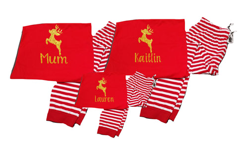 Personalised family matching xmas pjs pyjamas festive - GLITTER reindeer family Christmas - red stripes, short sleeves, your name