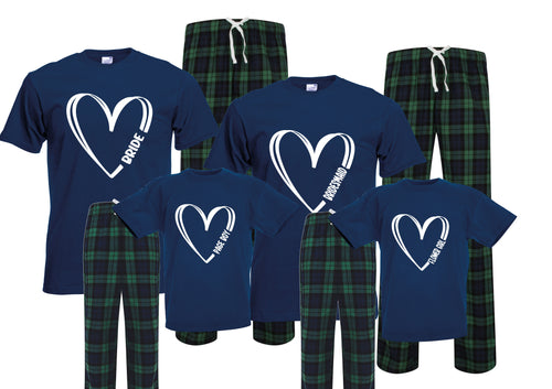Personalised wedding bridal party role - love heart  matching pjs pyjamas green navy tartan plaid short sleeves long bottoms