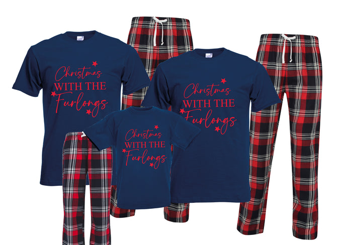 Personalised Christmas with the your family name surname matching xmas pjs pyjamas festive red navy tartan plaid short sleeves long bottoms