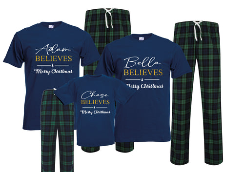 Personalised family matching xmas pjs pyjamas festive - your name believes GLITTER design - green check tartan plaid, short sleeves