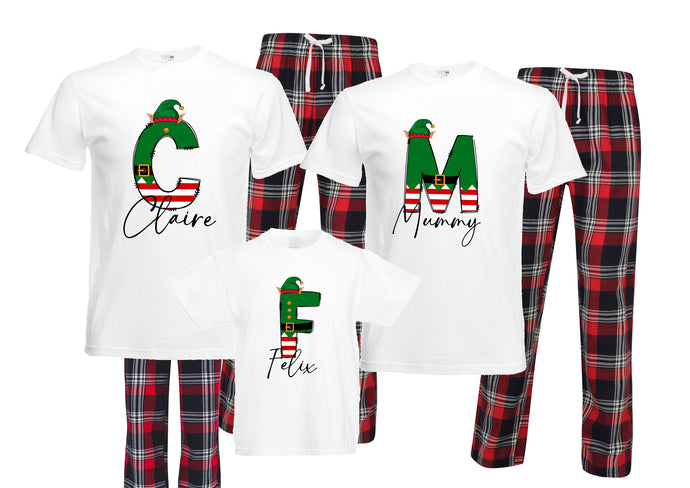 Personalised family matching xmas pjs pyjamas festive - your name elf initial design - red check tartan plaid, short sleeves