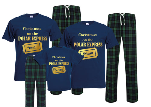 Personalised Polar Express ticket family matching xmas pjs pyjamas festive - green navy tartan check plaid short sleeves long bottoms
