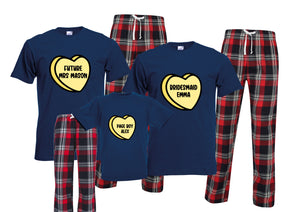 Personalised wedding your name & bridal role - love hearts  matching pjs pyjamas red navy tartan plaid short sleeves long bottoms