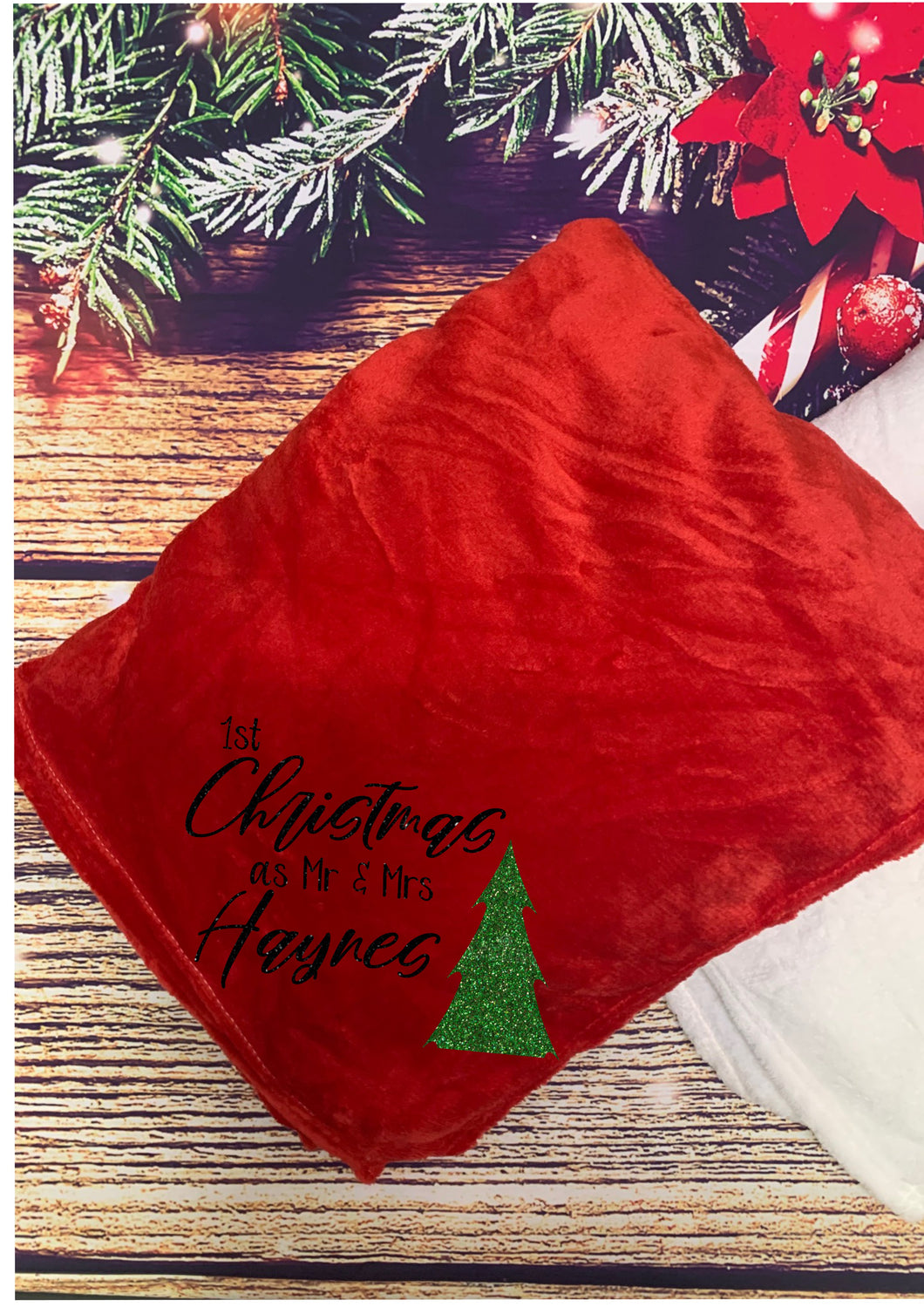 Personalised 1st Christmas as Mr & Mrs (your name) GLITTER Christmas tree design snuggle blanket - 3 colours - GLITTER print