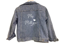 Load image into Gallery viewer, Personalised Mrs (your name) print wedding bridal denim jacket with pearl detail and heart design