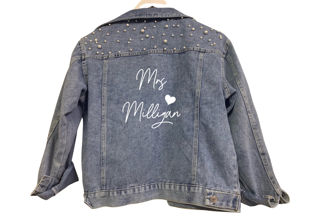 Personalised Mrs (your name) print wedding bridal denim jacket with pearl detail and heart design