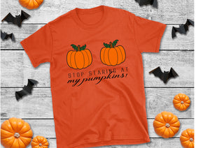 Stop staring at my pumpkins Halloween print ladies  t-shirt - ORANGE
