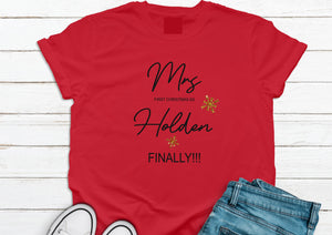 Personalised First Christmas as Mrs (your name) Finally!!! ladies  t-shirt - RED