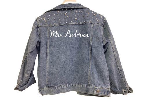 Personalised Mrs (your name) print wedding bridal denim jacket with pearl detail