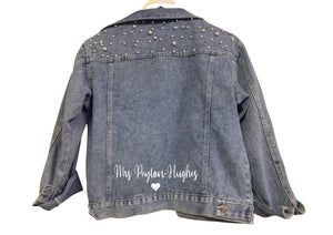 Personalised Mrs (your name) heart print wedding bridal denim jacket with pearl detail