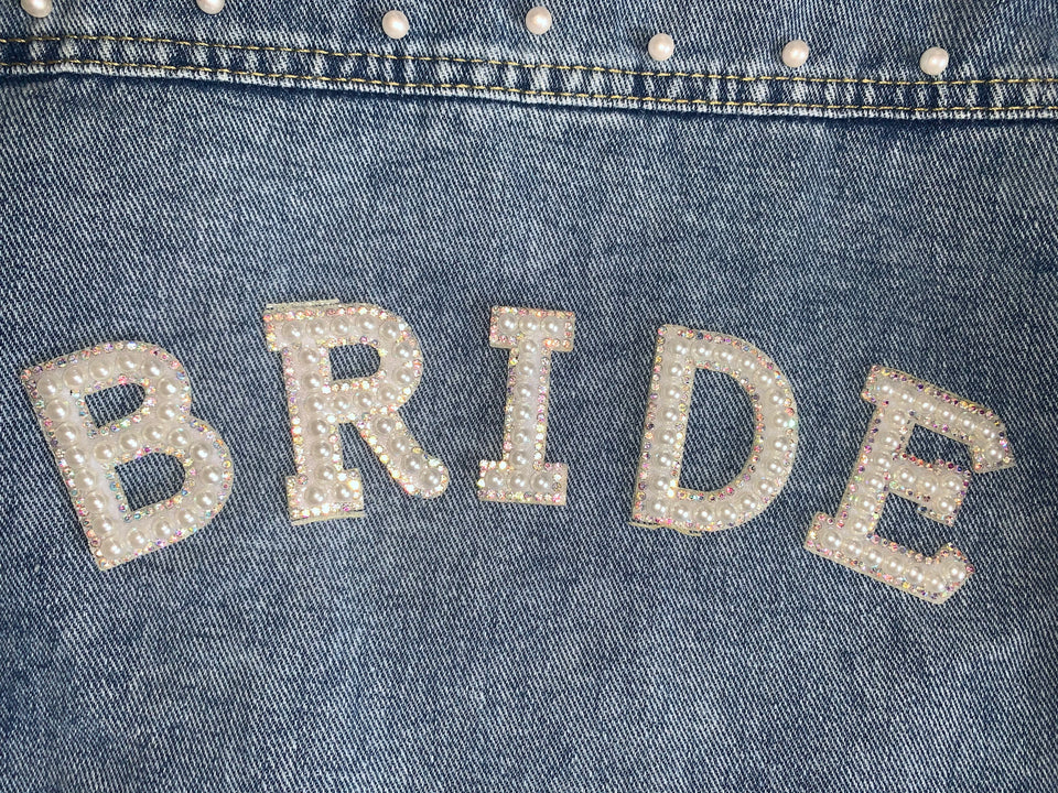 Personalised wedding bridal denim jacket with pearl detail and bride patches