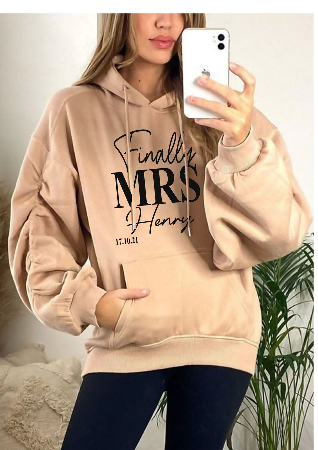 Personalised Finally Mrs (your name and wedding date) oversized ruched sleeve hoody - 4 colours