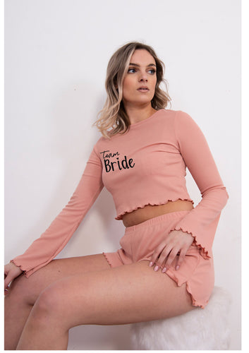 Copy of Team Bride ribbed ruffle pyjamas/lounge short set - dusty pink