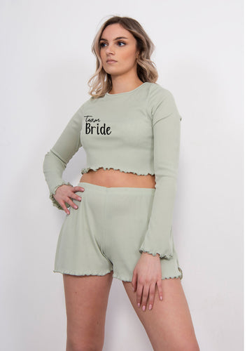 Team Bride ribbed ruffle pyjamas/lounge short set - sage