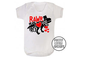 Rawr means I love you in T-Rex print baby vest