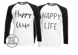 Happy Wife, Happy Life print raglan baseball tee couple set