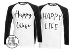 Happy Wife, Happy Life print raglan baseball tee couple set