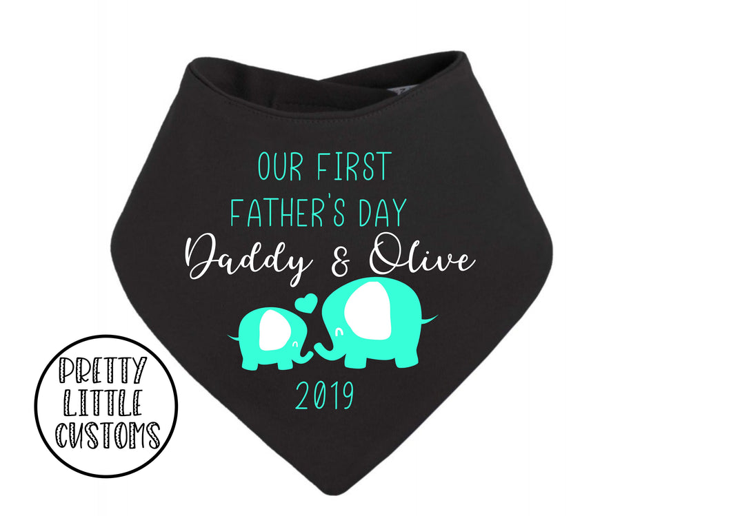 Personalised Our First Father's Day elephant print bandana bib