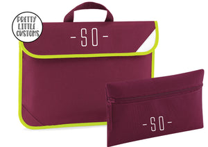 Personalised kids initials book bag & pencil case set- burgundy