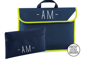 Personalised kids initials book bag & pencil case set- french navy