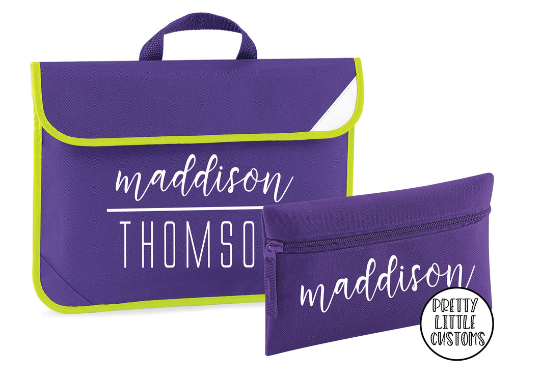 Personalised kids name book bag & pencil case set- purple