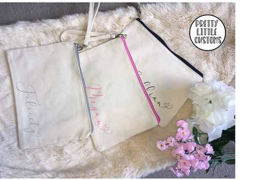 Personalised bridal party accessory pouch, clutch bag, gift - canvas