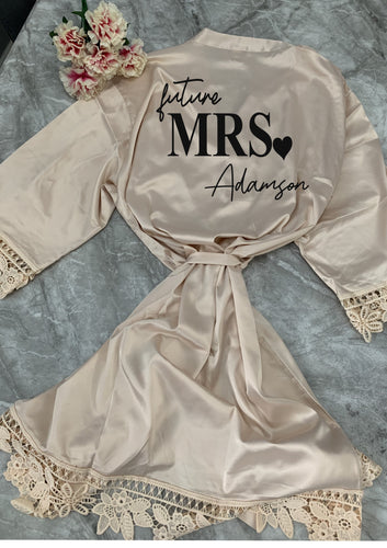 Future Mrs (your name) bridal robe - heart design - champagne - satin and lace - adults and plus sizes