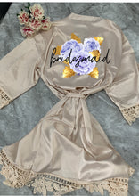 Load image into Gallery viewer, Set of Personalised bridal party robes  floral  design  your role  champagne - satin and lace - adults, kids and plus sizes